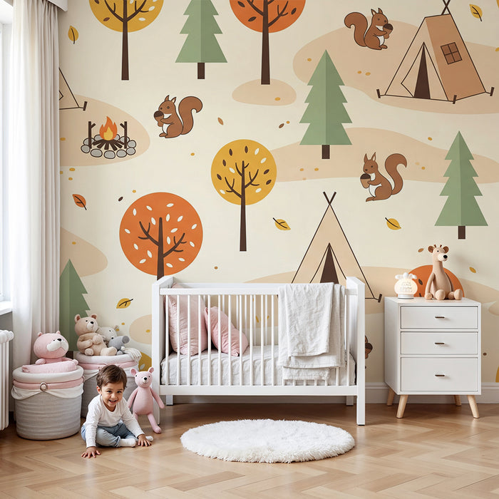 Papier peint chambre enfant | Forêt enchantée avec écureuils et tentes
