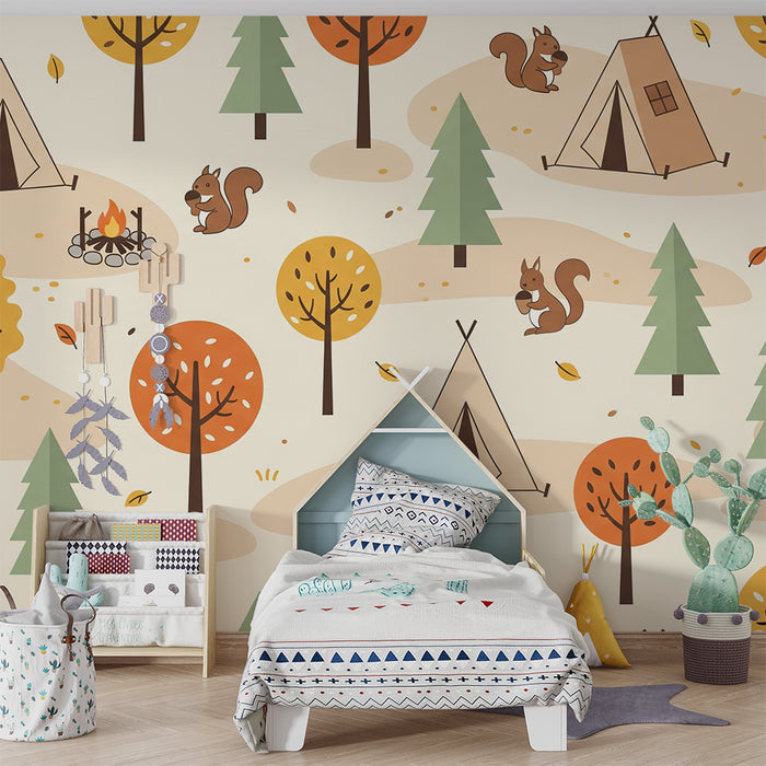 Papier peint chambre enfant | Forêt enchantée avec écureuils et tentes