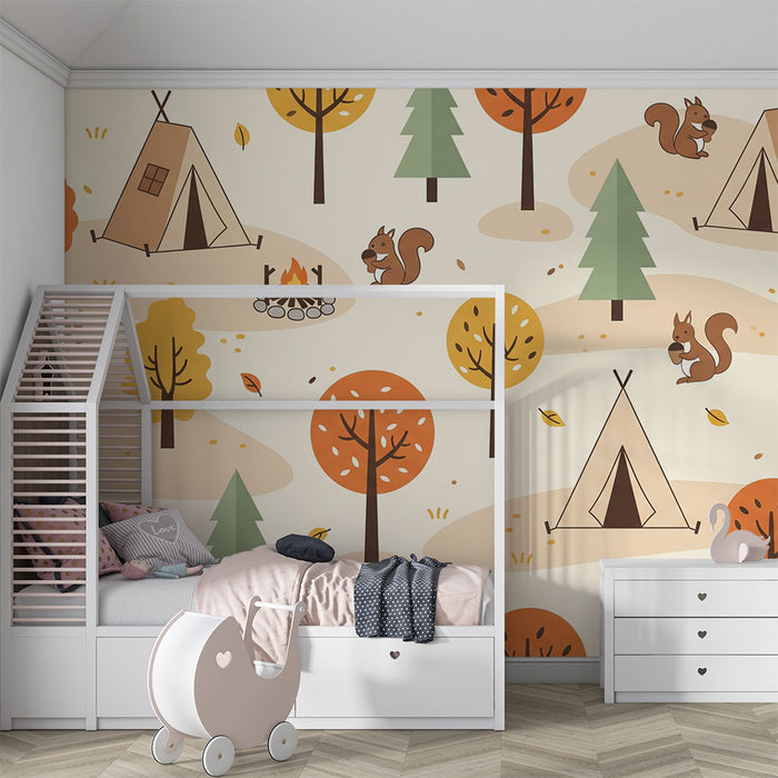 Papier peint chambre enfant | Forêt enchantée avec écureuils et tentes