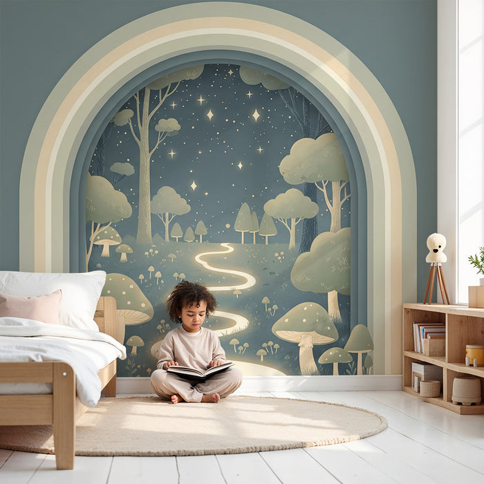 Papier peint chambre enfant | Forêt enchantée avec étoiles et sentier lumineux