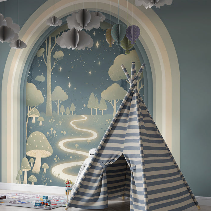 Papier peint chambre enfant | Forêt enchantée avec étoiles et sentier lumineux