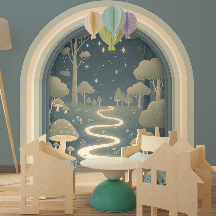 Papier peint chambre enfant | Forêt enchantée avec étoiles et sentier lumineux