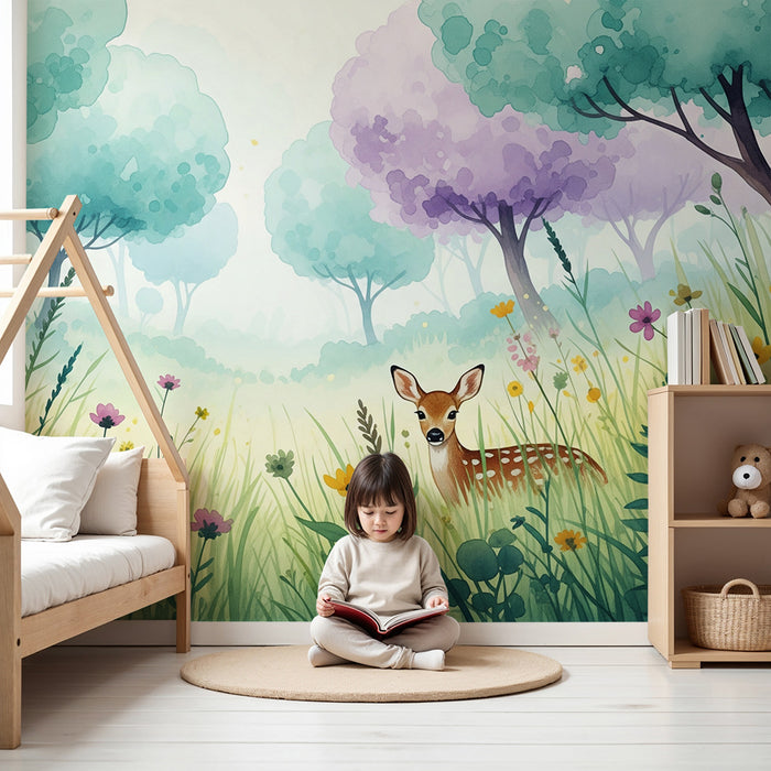 Papel pintado infantil | Bosque encantado con ciervo y ardilla en un campo florecido