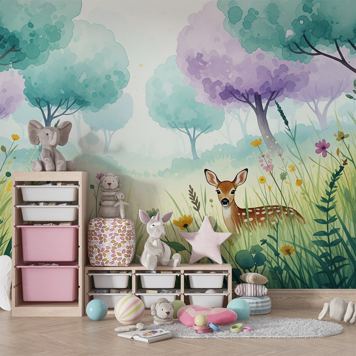 Papel pintado infantil | Bosque encantado con ciervo y ardilla en un campo florecido