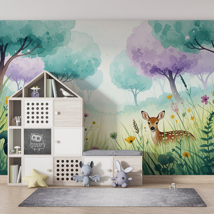 Papel pintado infantil | Bosque encantado con ciervo y ardilla en un campo florecido