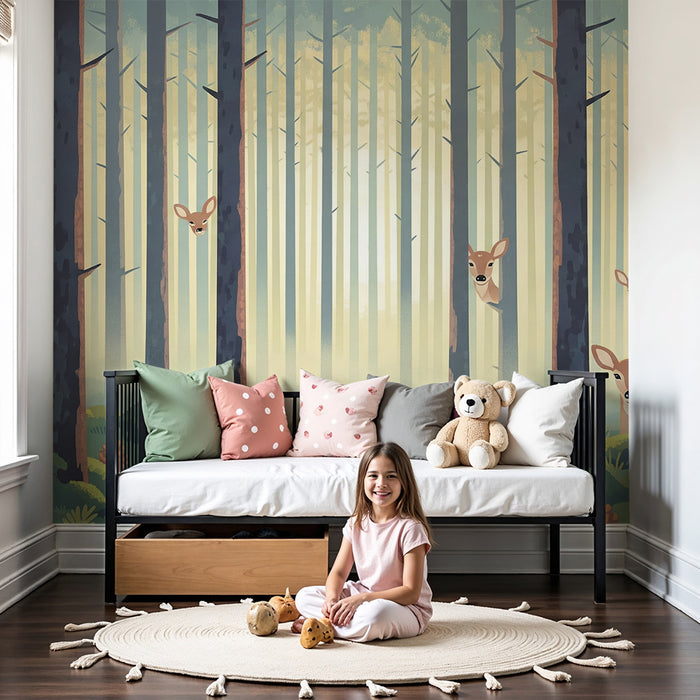 Papier peint chambre enfant | Forêt enchantée avec faons et feuillage luxuriant
