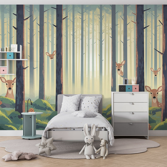 Papier peint chambre enfant | Forêt enchantée avec faons et feuillage luxuriant