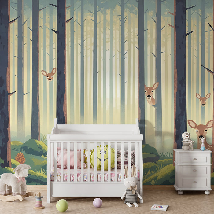 Papier peint chambre enfant | Forêt enchantée avec faons et feuillage luxuriant