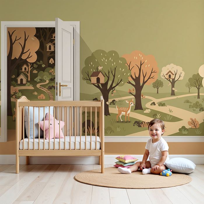 Papier peint chambre enfant | Forêt enchantée avec faons et maisons dans les arbres