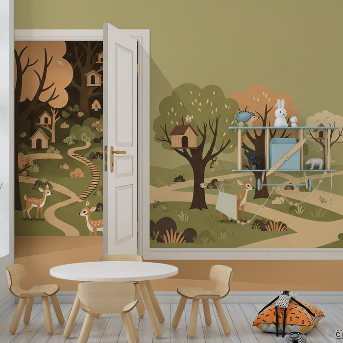 Papier peint chambre enfant | Forêt enchantée avec faons et maisons dans les arbres