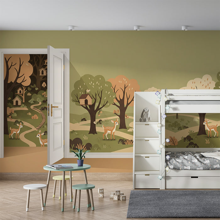 Papier peint chambre enfant | Forêt enchantée avec faons et maisons dans les arbres