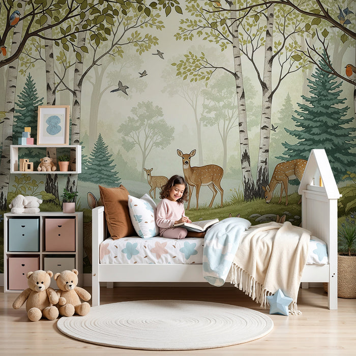 Papier peint chambre enfant | Forêt enchantée avec faune et flore