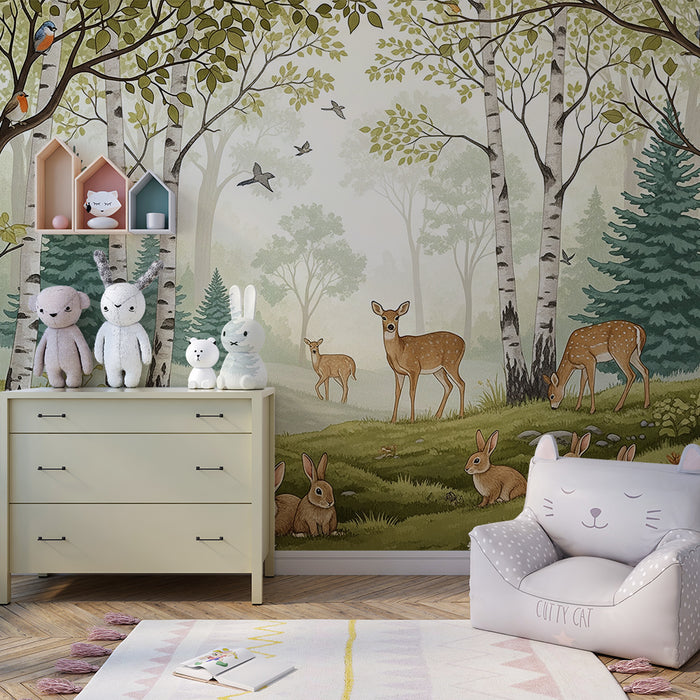 Papier peint chambre enfant | Forêt enchantée avec faune et flore
