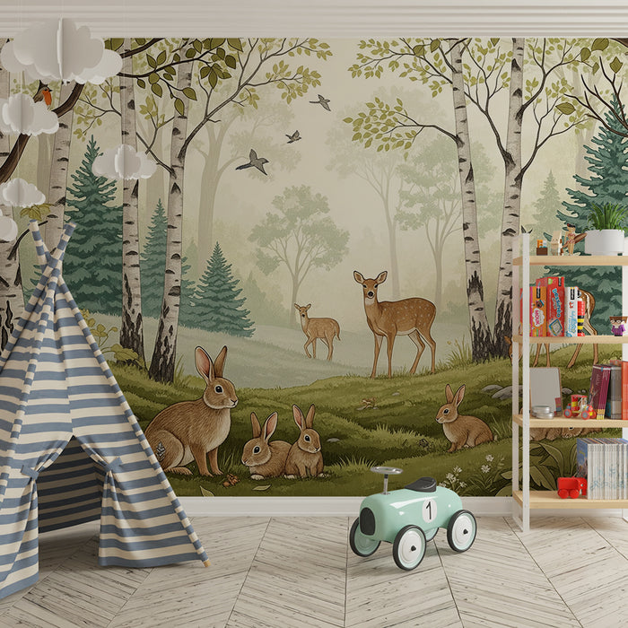 Papier peint chambre enfant | Forêt enchantée avec faune et flore