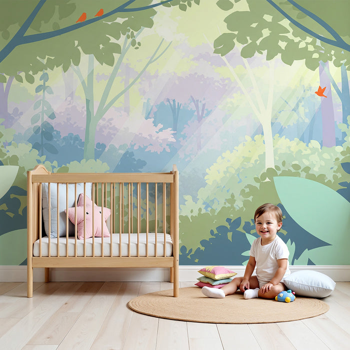 Gyermekszoba tapéta | Varázslatos erdő nyugtató levelekkel és színes madarakkal