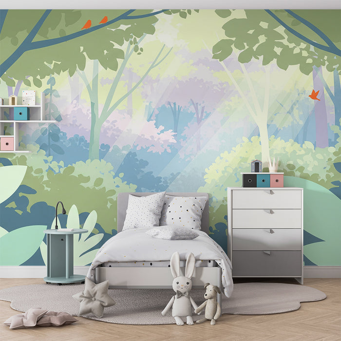Gyermekszoba tapéta | Varázslatos erdő nyugtató levelekkel és színes madarakkal