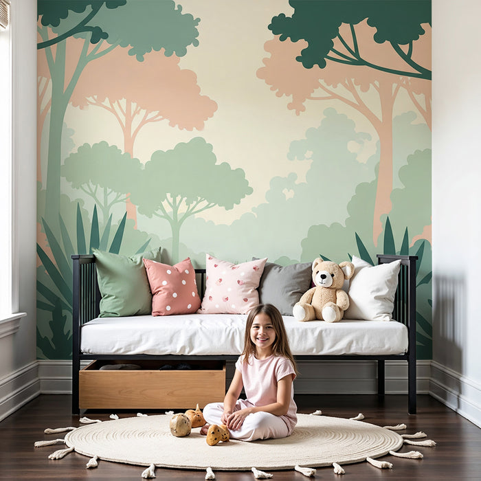 Papel de parede criança | Floresta encantada com folhagem suave e cores pastel