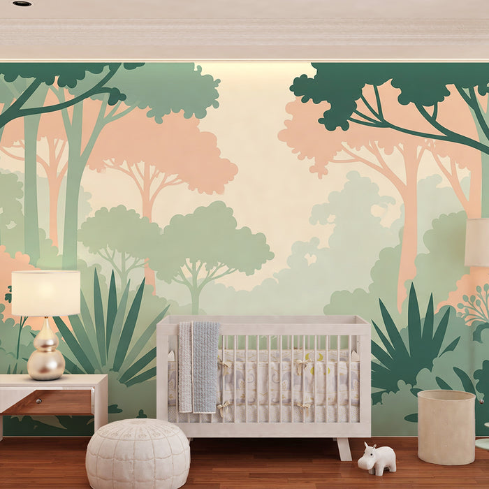 Papel de parede criança | Floresta encantada com folhagem suave e cores pastel