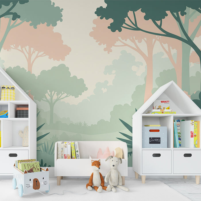 Papel de parede criança | Floresta encantada com folhagem suave e cores pastel