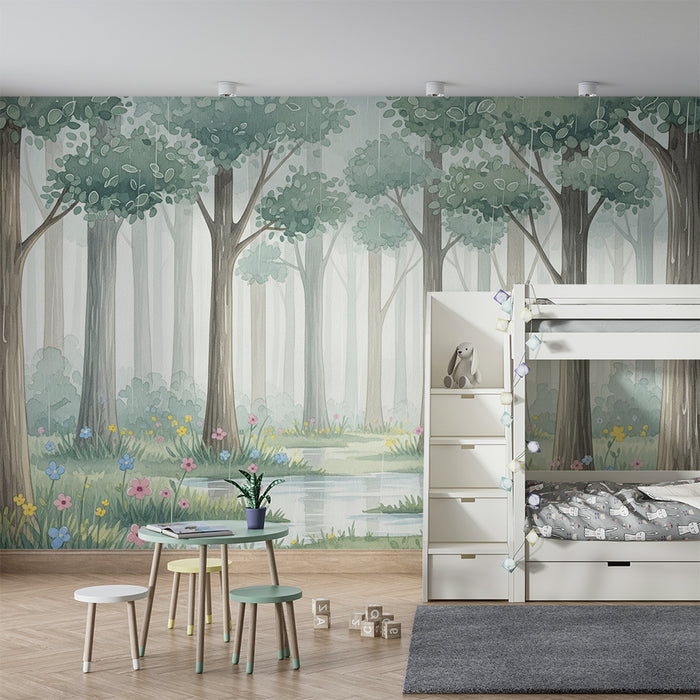 Kinderkamer behang | Betoverend bos met kleurrijke bloemen en bomen