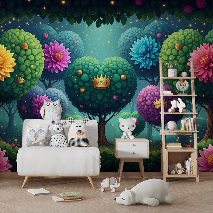 Kinderzimmer Tapete | Magischer Wald mit bunten Blumen und goldenen Kränzen
