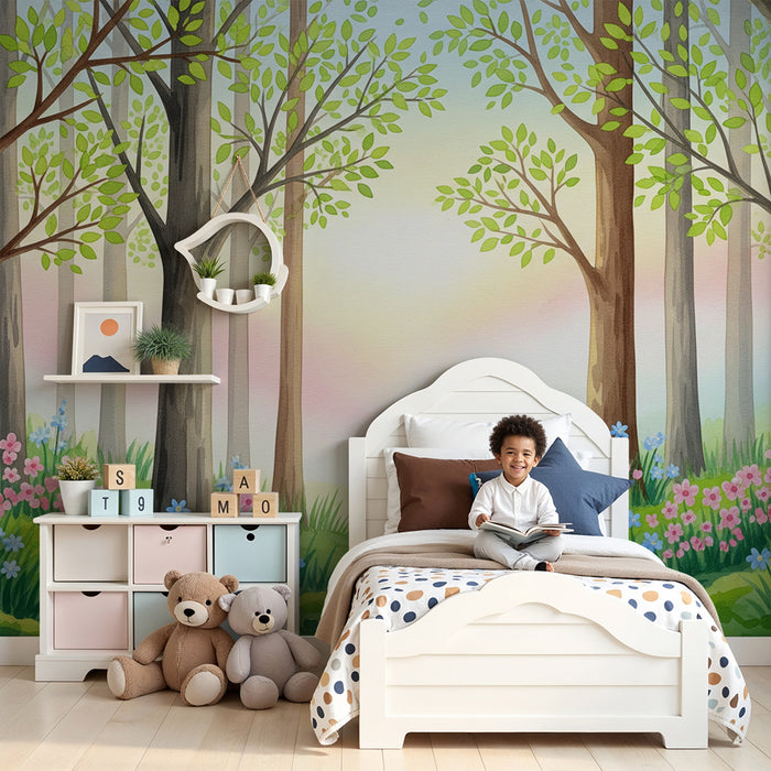 Papier peint chambre enfant | Forêt enchantée avec fleurs et arbres pastel