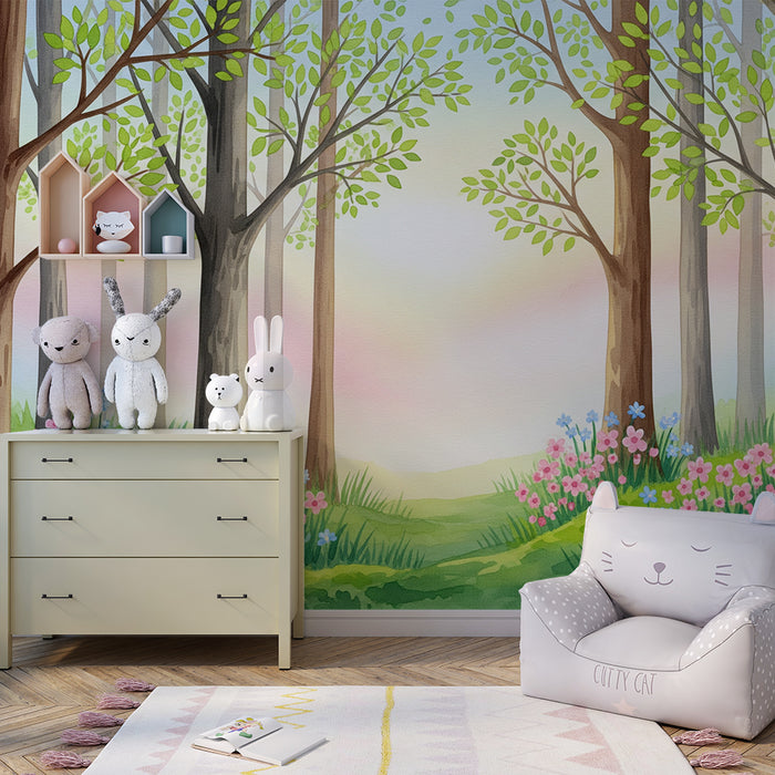 Papier peint chambre enfant | Forêt enchantée avec fleurs et arbres pastel