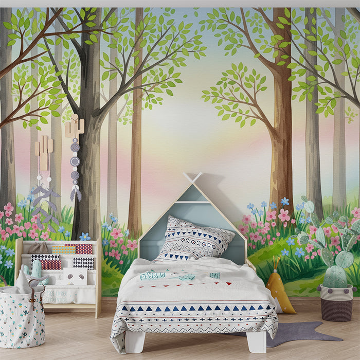 Papier peint chambre enfant | Forêt enchantée avec fleurs et arbres pastel