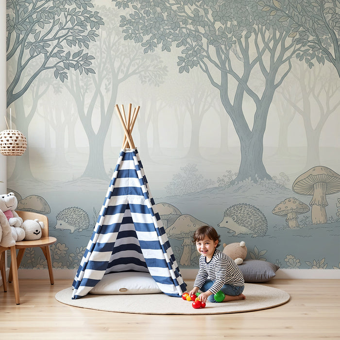Papier peint chambre enfant | Forêt enchantée avec hérissons et champignons
