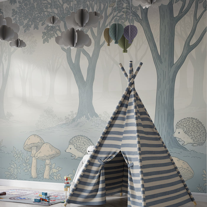 Papier peint chambre enfant | Forêt enchantée avec hérissons et champignons
