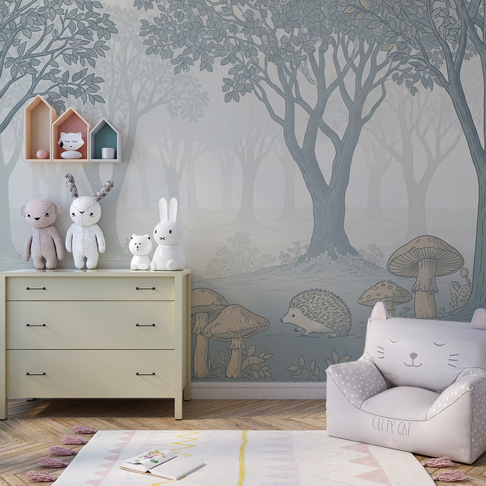 Papier peint chambre enfant | Forêt enchantée avec hérissons et champignons