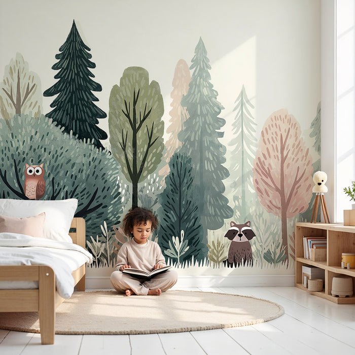 Kinderzimmer Tapete | Verzauberter Wald mit Eule und Waschbär