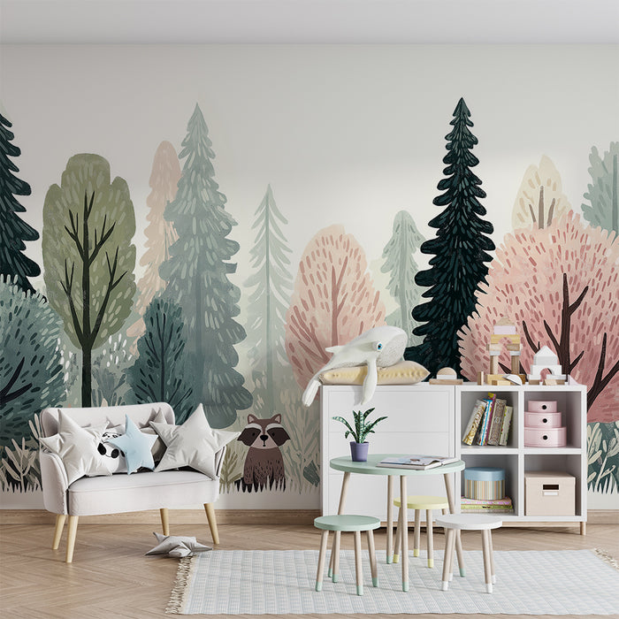 Kinderzimmer Tapete | Verzauberter Wald mit Eule und Waschbär