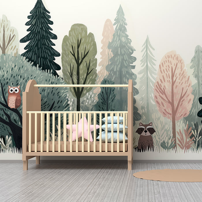 Kinderzimmer Tapete | Verzauberter Wald mit Eule und Waschbär