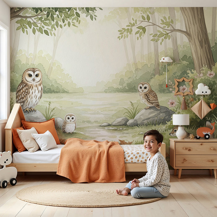 Kinderzimmer Tapete | Verzauberter Wald mit Eulen und Tieren