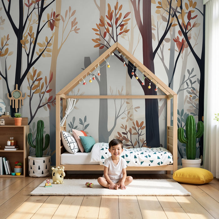 Papel de parede criança | Encantadora floresta com corujas e folhagem colorida