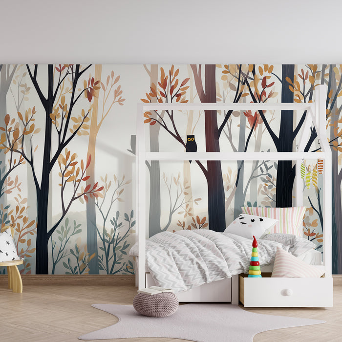 Papel de parede criança | Encantadora floresta com corujas e folhagem colorida