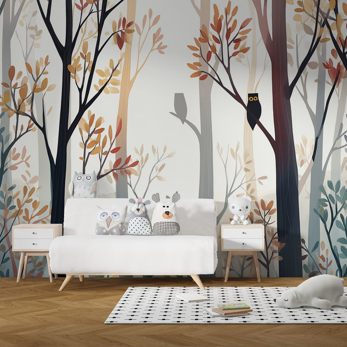 Papel de parede criança | Encantadora floresta com corujas e folhagem colorida