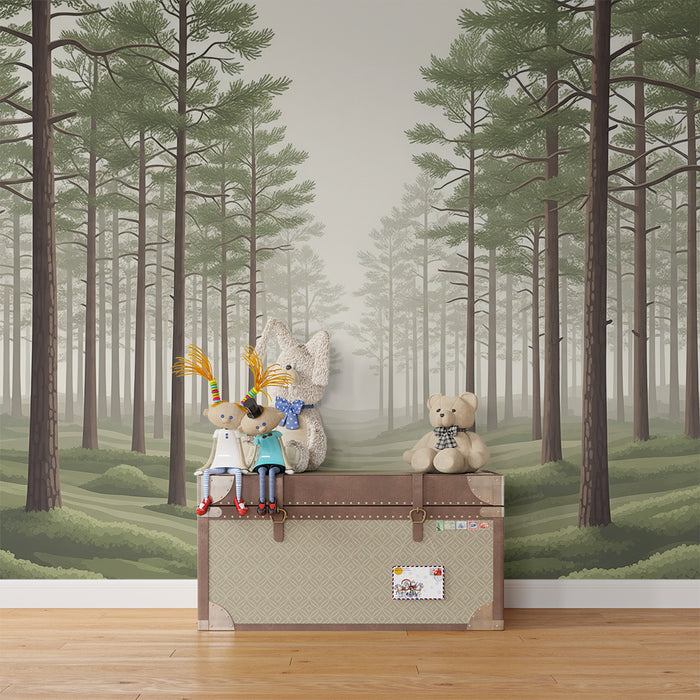 Papier peint chambre enfant | Forêt enchantée avec hiboux et feuillage verdoyant