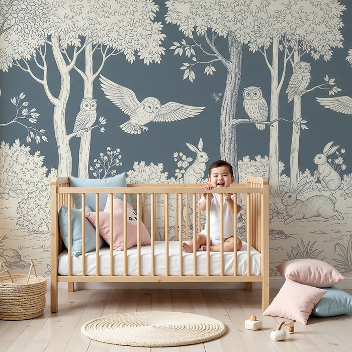 Papier peint chambre enfant | Forêt enchantée avec hiboux et lapins