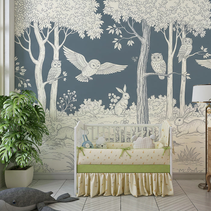 Papier peint chambre enfant | Forêt enchantée avec hiboux et lapins