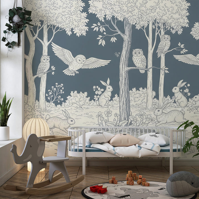 Papier peint chambre enfant | Forêt enchantée avec hiboux et lapins
