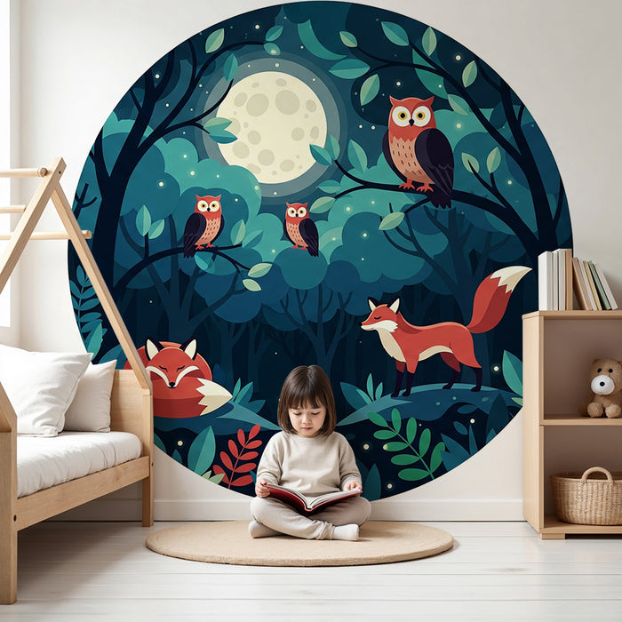 Kids room wallpaper | Enchanted forest with owls and foxes