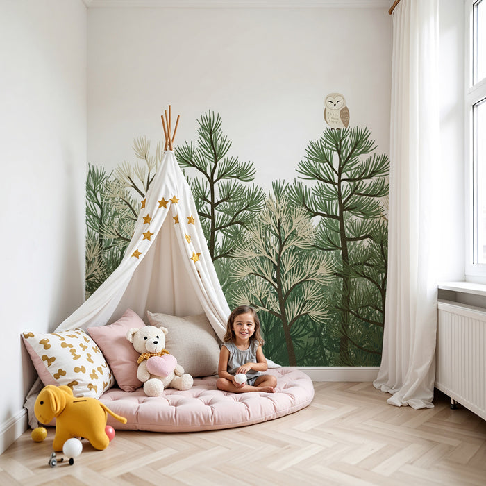 **Tapete Kinderzimmer | Verzauberter Wald mit Eulen und Tannen**