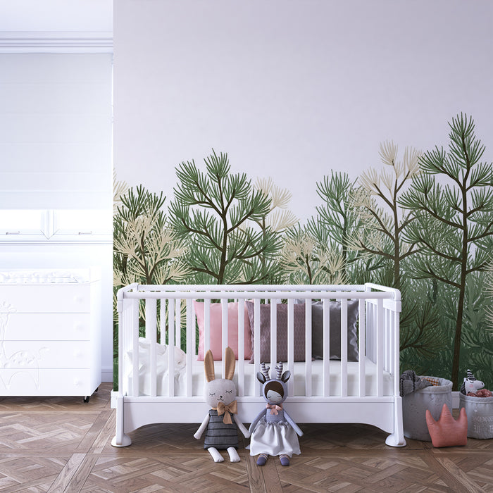 **Tapete Kinderzimmer | Verzauberter Wald mit Eulen und Tannen**