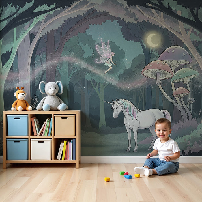 Kinderzimmer Tapete | Verzauberter Wald mit Einhorn und Fee