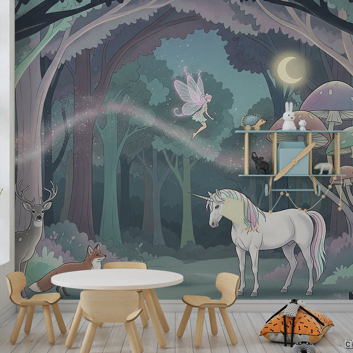 Kinderzimmer Tapete | Verzauberter Wald mit Einhorn und Fee