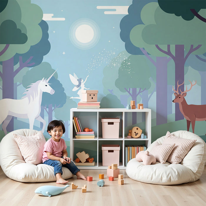 Kinderzimmer Tapete | Verzauberter Wald mit Einhorn und leuchtender Fee