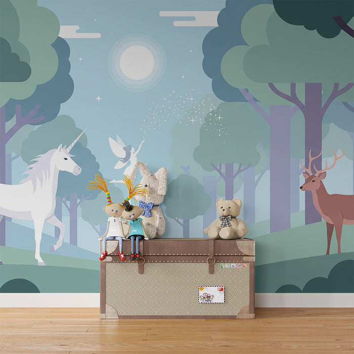 Kinderzimmer Tapete | Verzauberter Wald mit Einhorn und leuchtender Fee