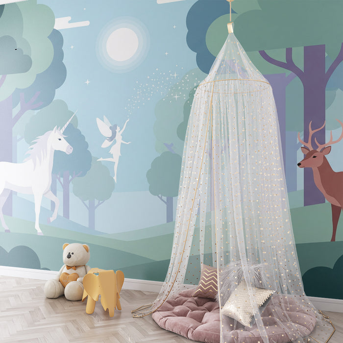 Kinderzimmer Tapete | Verzauberter Wald mit Einhorn und leuchtender Fee